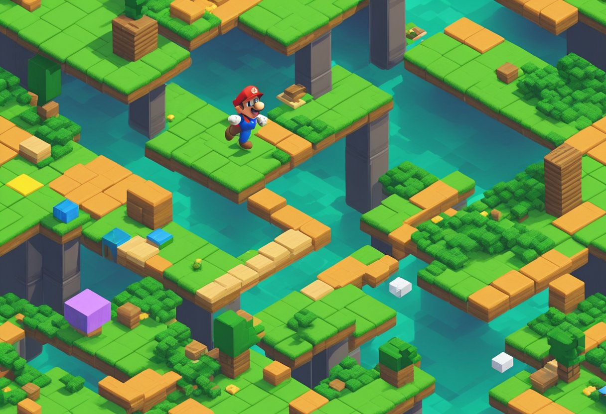 A colorful, pixelated world with green pipes, floating blocks, and bouncing enemies. Mario navigates obstacles and collects power-ups