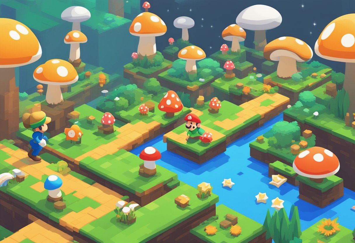 A collection of utility items such as mushrooms, feathers, and stars scattered across a colorful, pixelated landscape. Mario navigating through obstacles and enemies, utilizing the items to progress through the game