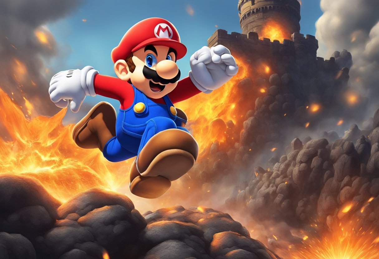 Mario leaps over lava pits, dodging fireballs, to reach Bowser's castle. With a running start, he stomps on Bowser's head, sending him plummeting into the lava. The King is freed, and Mario is victorious