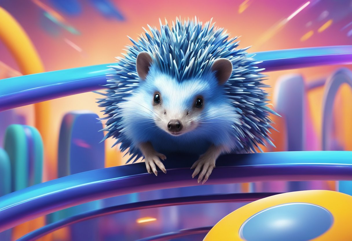 A blue hedgehog speeds through loops and jumps over obstacles in a colorful, futuristic world