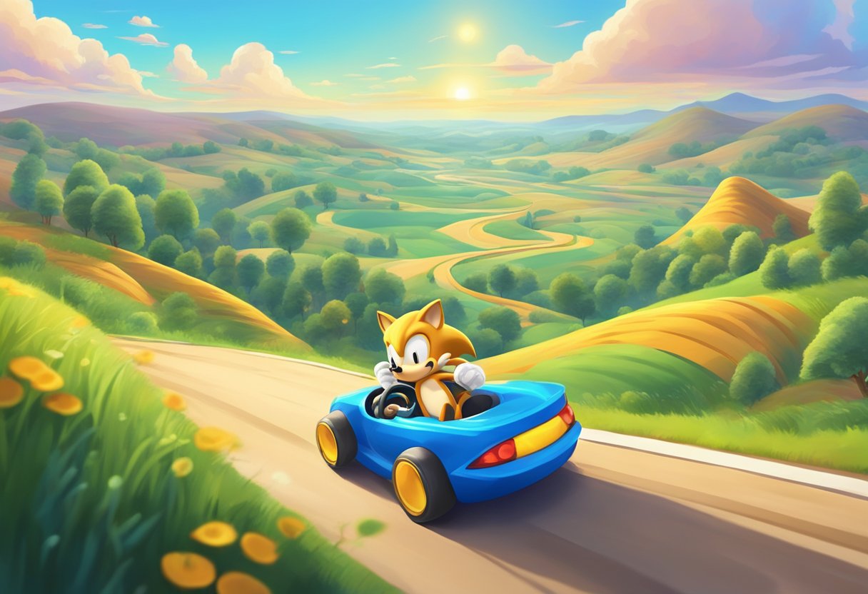 A colorful landscape with rolling hills, loop-de-loops, and golden rings scattered throughout, with Sonic the Hedgehog racing through the environment