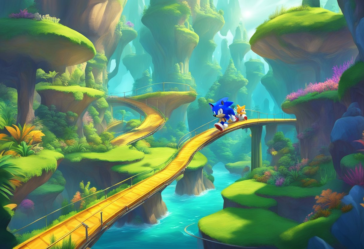 A colorful, high-speed world with looping tracks and obstacles. Sonic and Tails race through lush green zones, underwater caverns, and mechanical landscapes