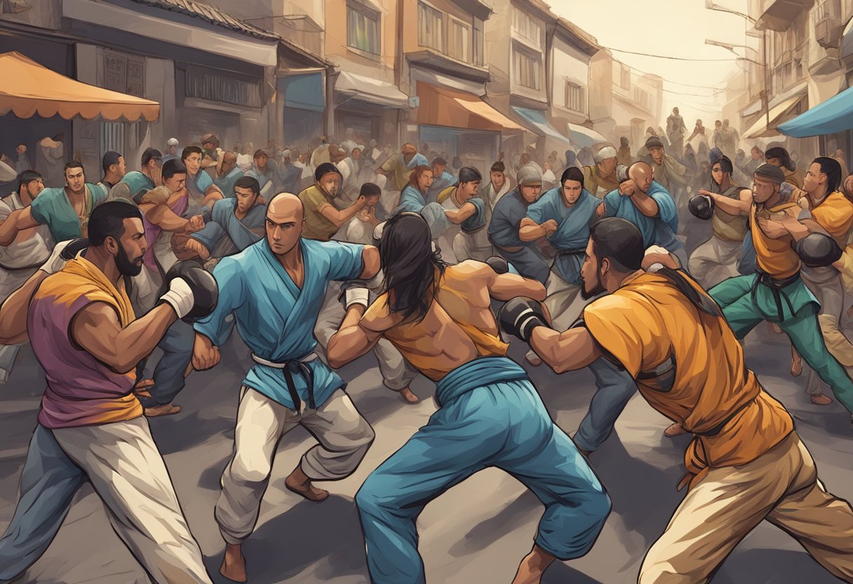 A group of fighters engage in intense martial arts battles, executing powerful moves and combos in a crowded urban street setting