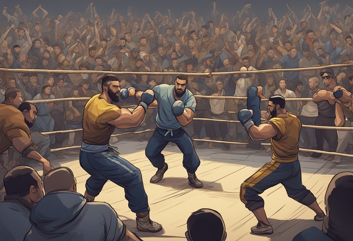 A group of fighters executing various moves and combos in a street-fighting arena, with a crowd cheering in the background