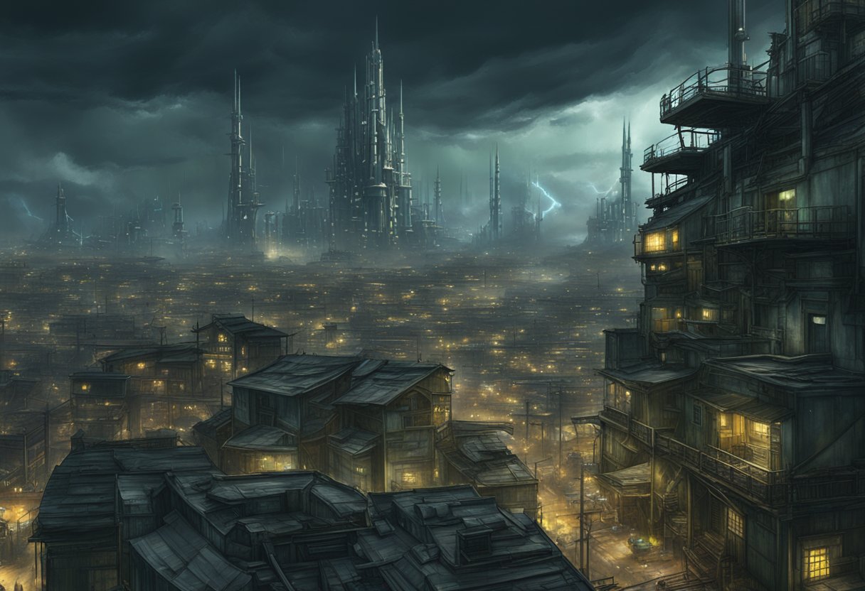 A towering cityscape of Midgar, with its iconic Mako Reactors and sprawling slums, set against a backdrop of dramatic, stormy skies