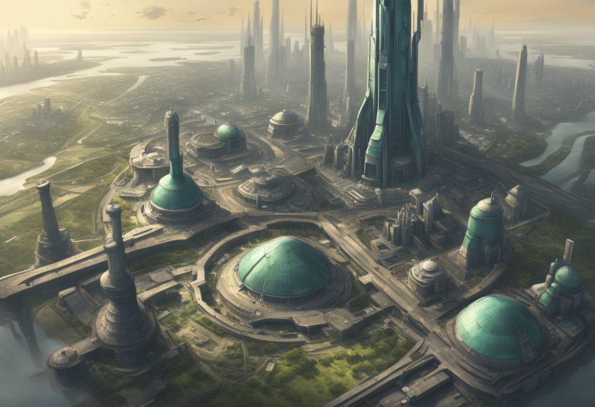 Aerial view of Midgar's sprawling cityscape, with towering skyscrapers, industrial sectors, and a looming Mako Reactor. The city is surrounded by a desolate wasteland, with a foreboding sky overhead