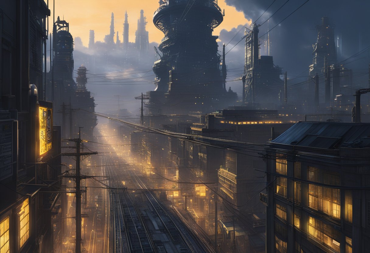 The towering steel plates of Midgar cast long shadows over the bustling city below. Neon lights and steam rise from the streets, while the ominous presence of the Shinra Electric Power Company looms in the distance