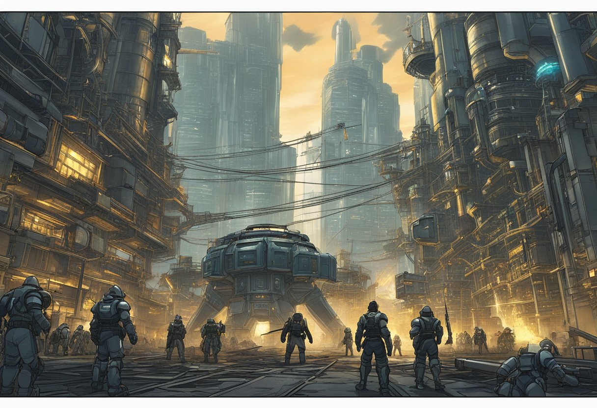 A group of heroes faces off against a towering, mechanical enemy in the industrial city of Midgar. The skyline is dominated by towering skyscrapers and the ominous presence of the Shinra Electric Power Company