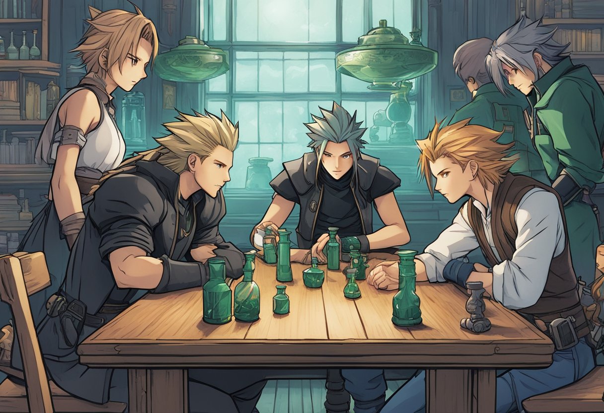 A group of characters gather around a table, strategizing and managing their resources to beat the game "Final Fantasy VII." Items such as potions, weapons, and magic spells are spread out on the table as they plan their next move