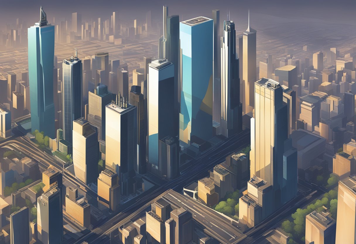 A sprawling cityscape with towering skyscrapers, industrial sectors, and a looming shadow of a giant metal structure in the distance