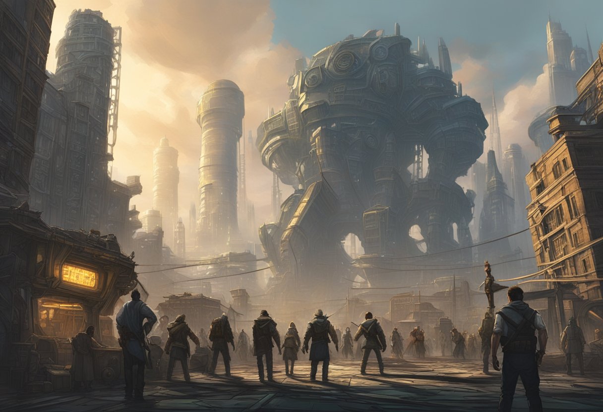 A group of adventurers face off against a towering, mechanical monstrosity in the dystopian city of Midgar. The cityscape looms in the background, with towering skyscrapers and billowing smokestacks adding to the sense of foreboding