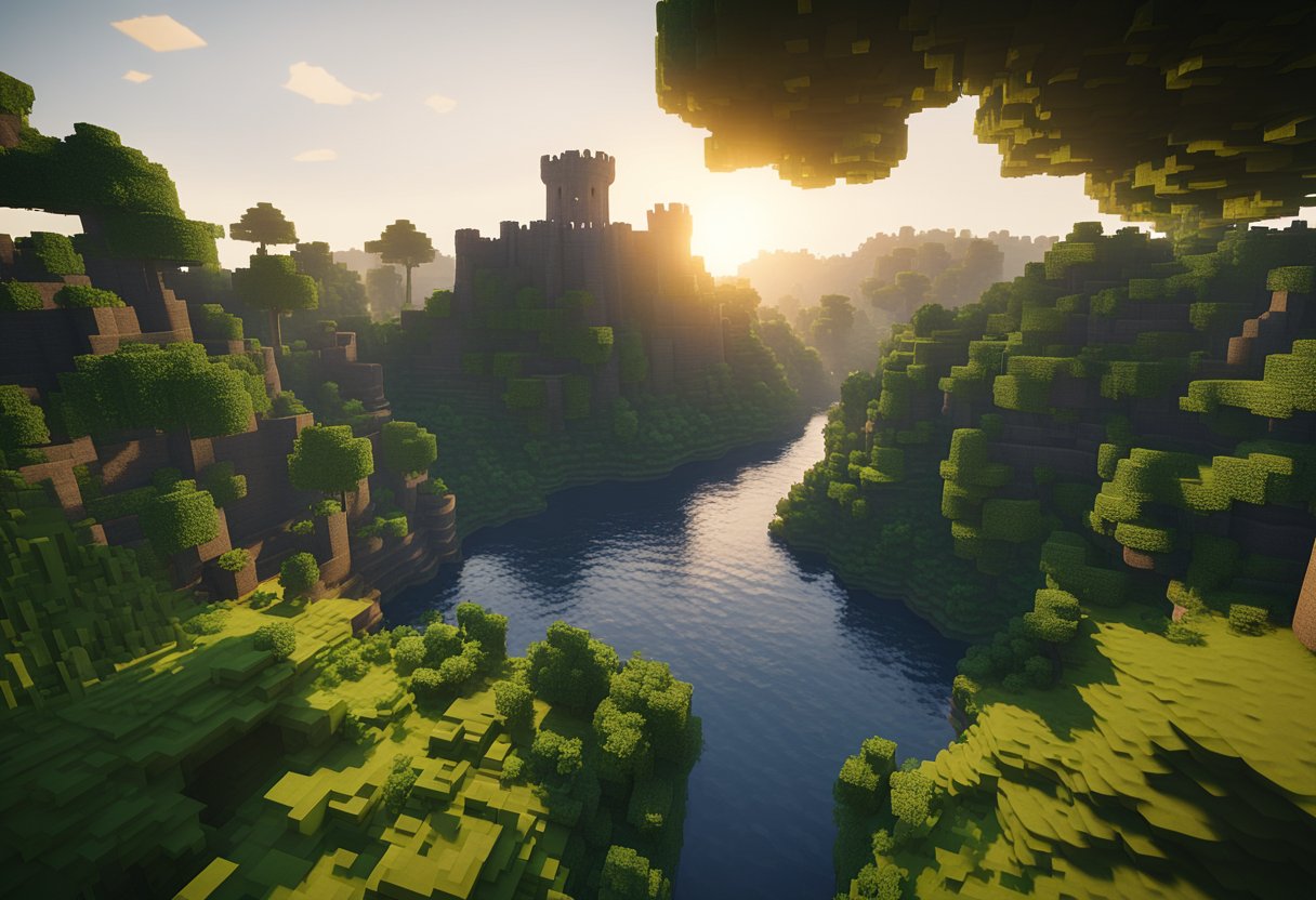 The sun sets behind a towering fortress, surrounded by lush greenery and flowing rivers. A group of players collaborates to build and defend their Minecraft server hosting world