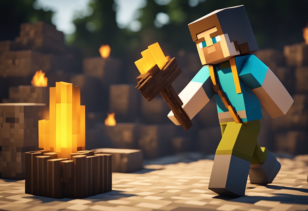 A Minecraft character gathering wood and placing it in a furnace to create charcoal. The character then collects the charcoal and uses it for various crafting purposes