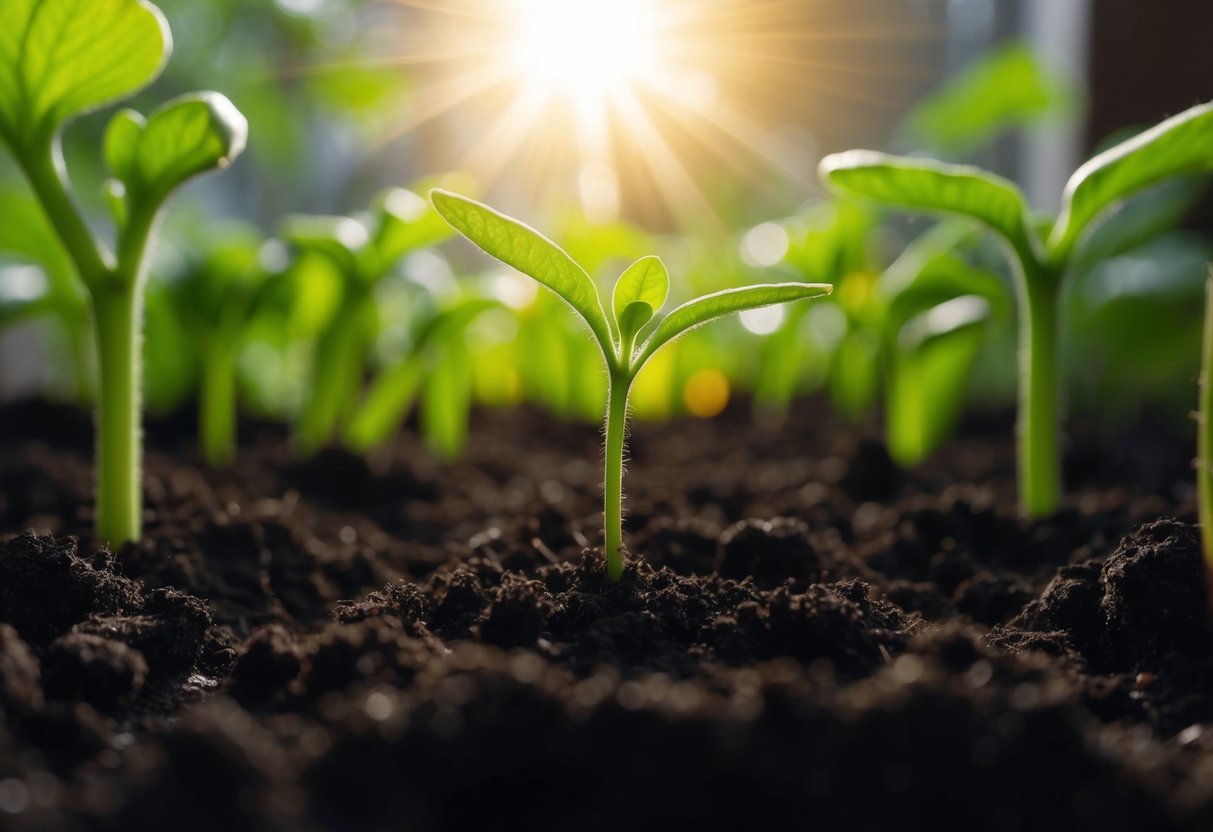 A small seedling pushes through dark soil, reaching towards the warm sunlight streaming in from above. Surrounding plants show signs of growth and renewal