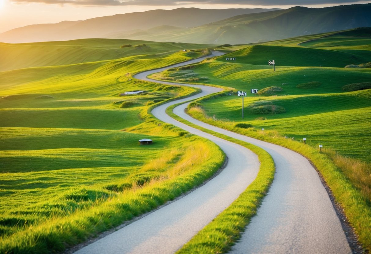A winding path leads through a lush, green landscape, with various challenges and opportunities scattered along the way