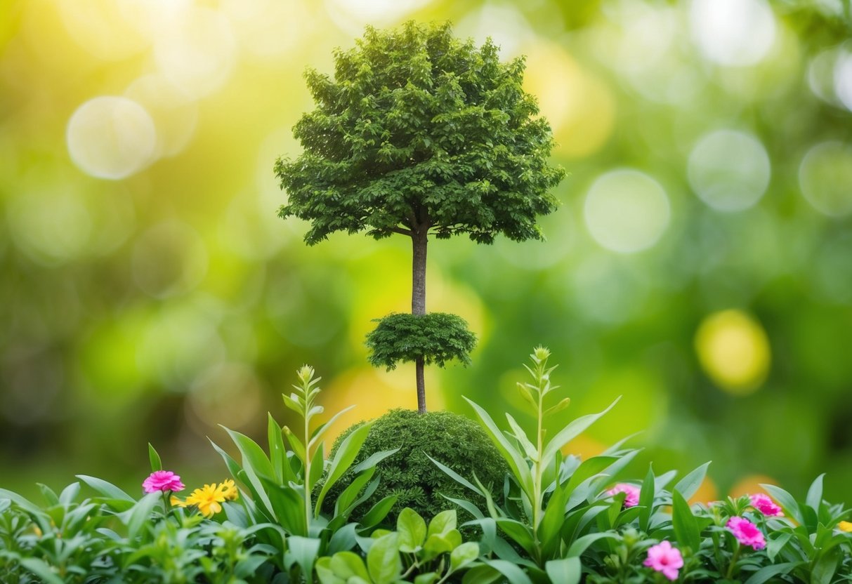 A tree growing from a small sapling to a large, flourishing tree, surrounded by other plants and flowers, symbolizing the growth mindset