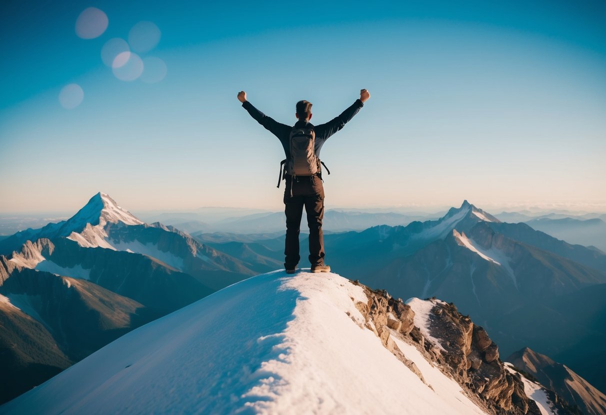 A figure standing on top of a mountain peak with arms raised in triumph, gazing out at a vast and awe-inspiring landscape