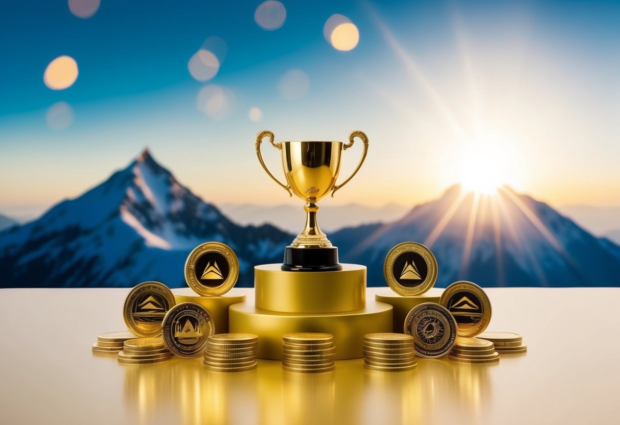 A podium with a gold trophy, surrounded by symbols of success and determination, such as a mountain peak and a rising sun