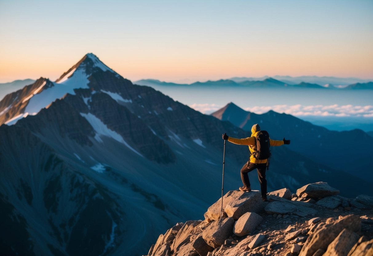 A lone figure conquers a mountain peak, symbolizing triumph over challenges and adversity with a victorious mindset