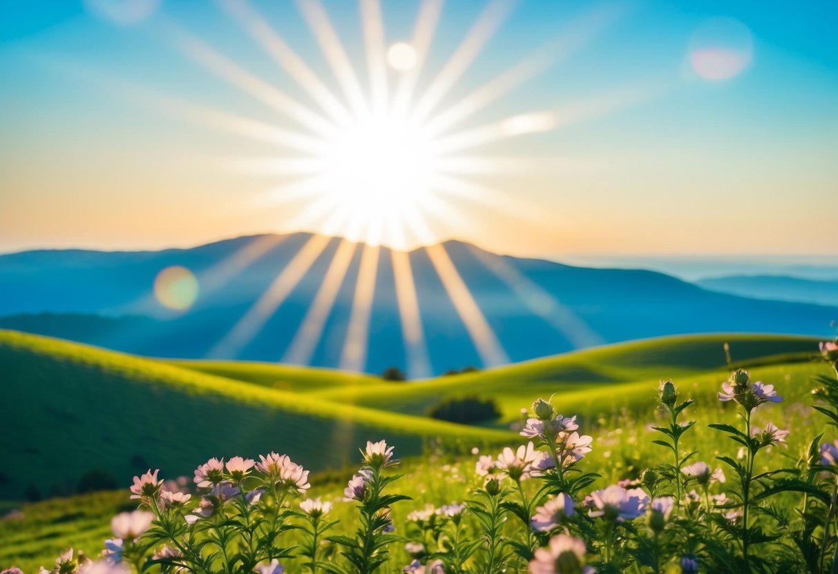 A radiant sun shining over a tranquil landscape with rolling hills, blooming flowers, and a clear blue sky
