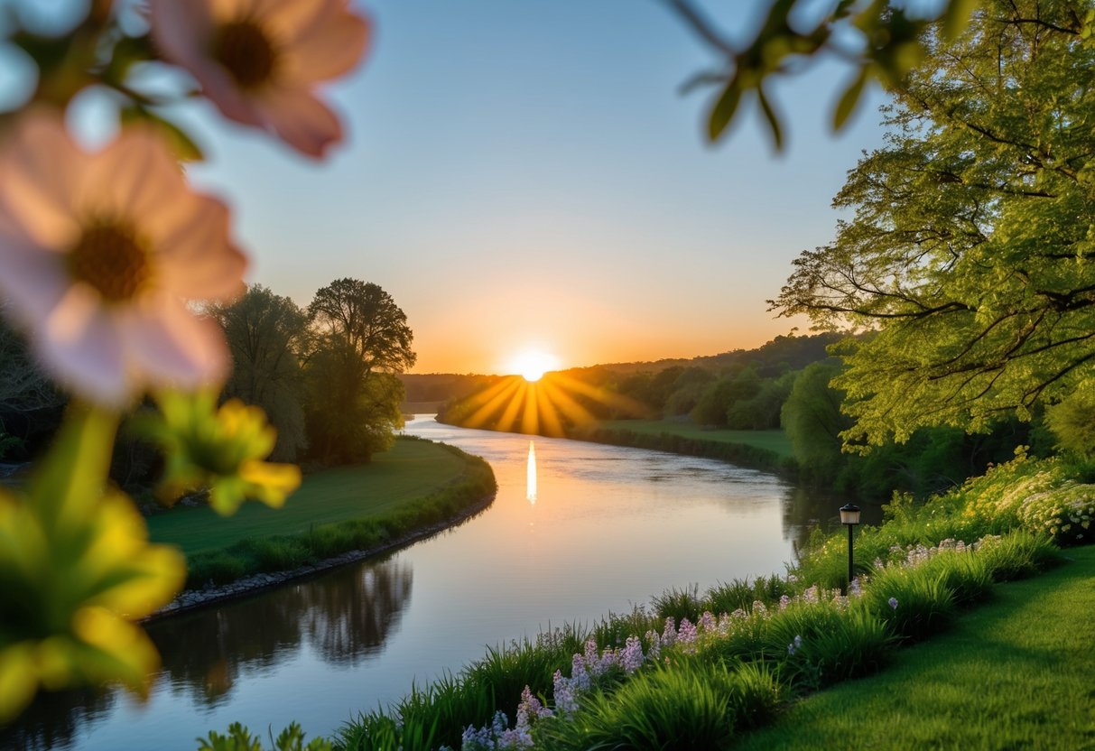A serene landscape with a glowing sunrise over a tranquil river, surrounded by lush greenery and blooming flowers