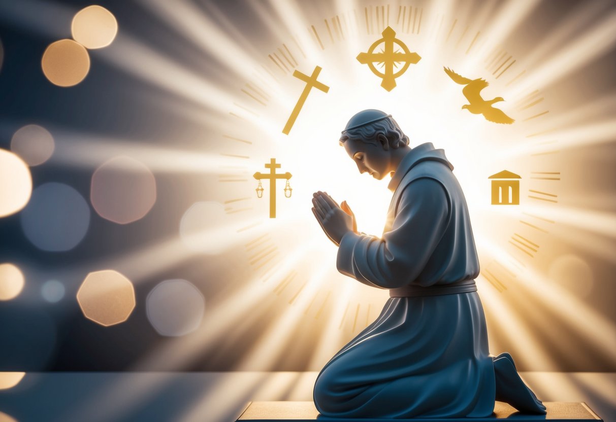 A serene figure kneeling in prayer with hands clasped, surrounded by rays of light and symbols of faith