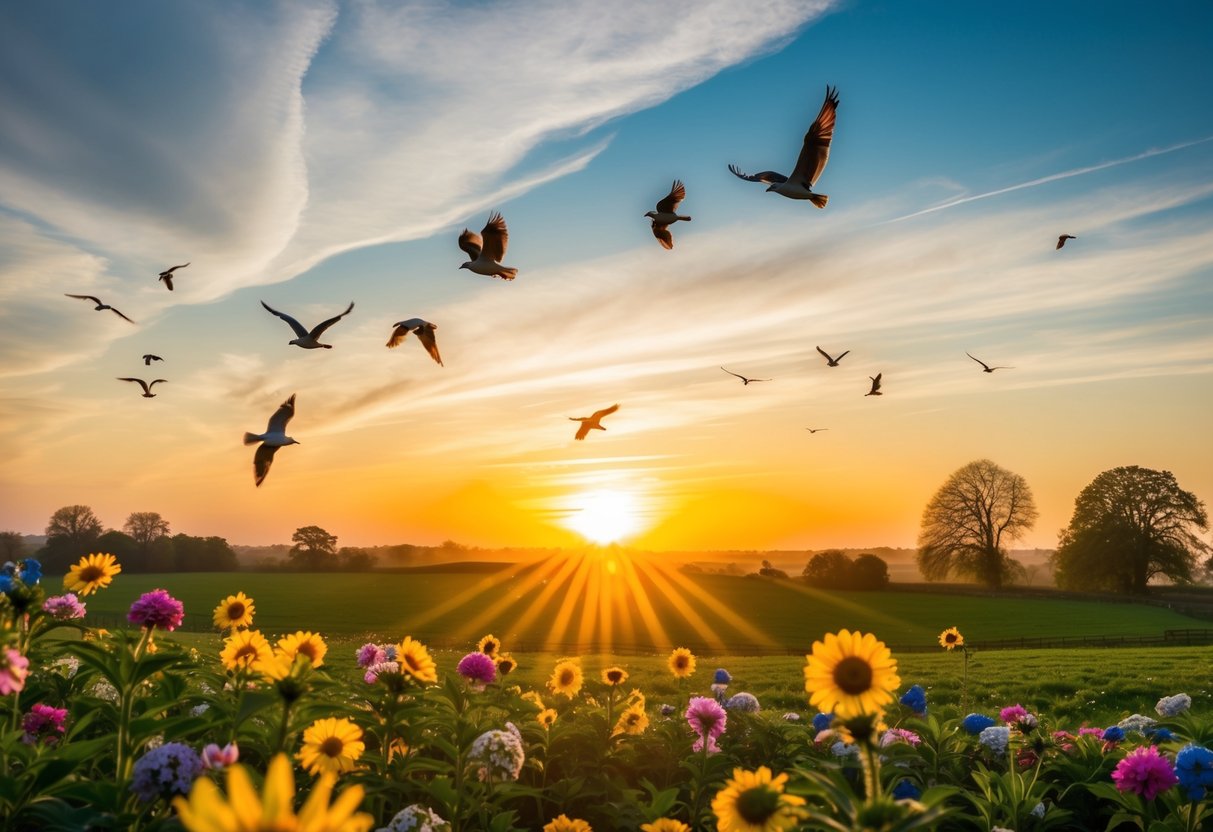 A radiant sunrise over a peaceful countryside, with colorful flowers in bloom and birds soaring in the sky