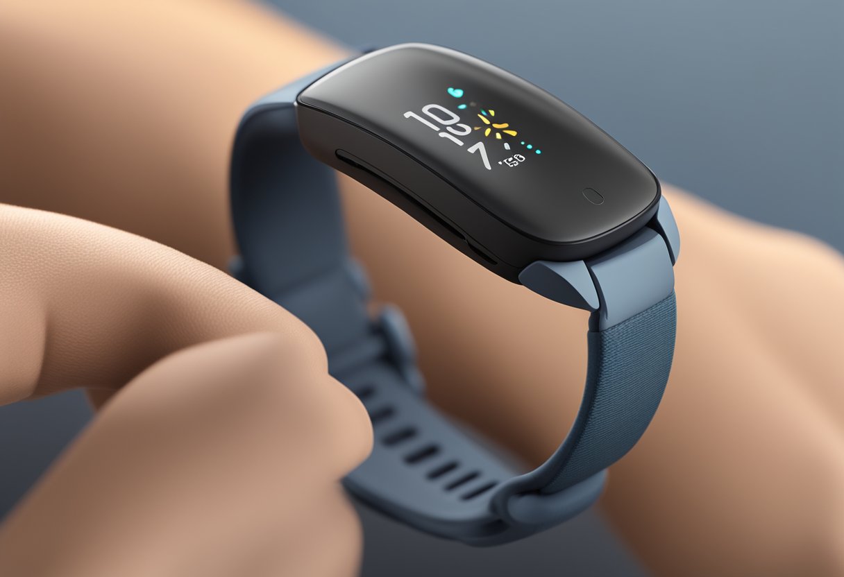 A Fitbit Inspire 3 band wrapped around a wrist, with the device's screen facing up, displaying fitness data