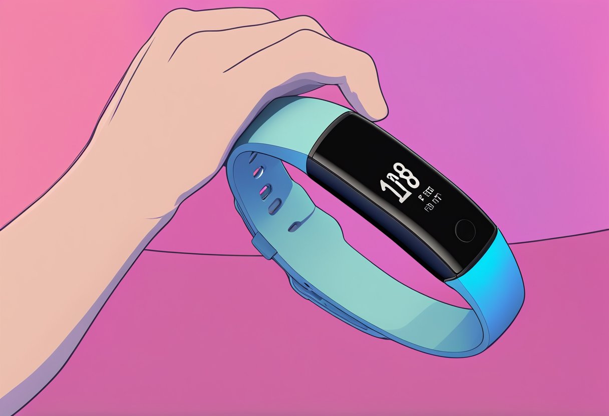 A hand placing a colorful band onto a Fitbit Inspire 3. The Fitbit is displayed on a clean, modern surface with soft lighting