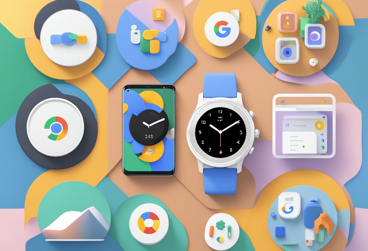 A Google Pixel Watch 3 surrounded by various smart devices and icons representing its ecosystem