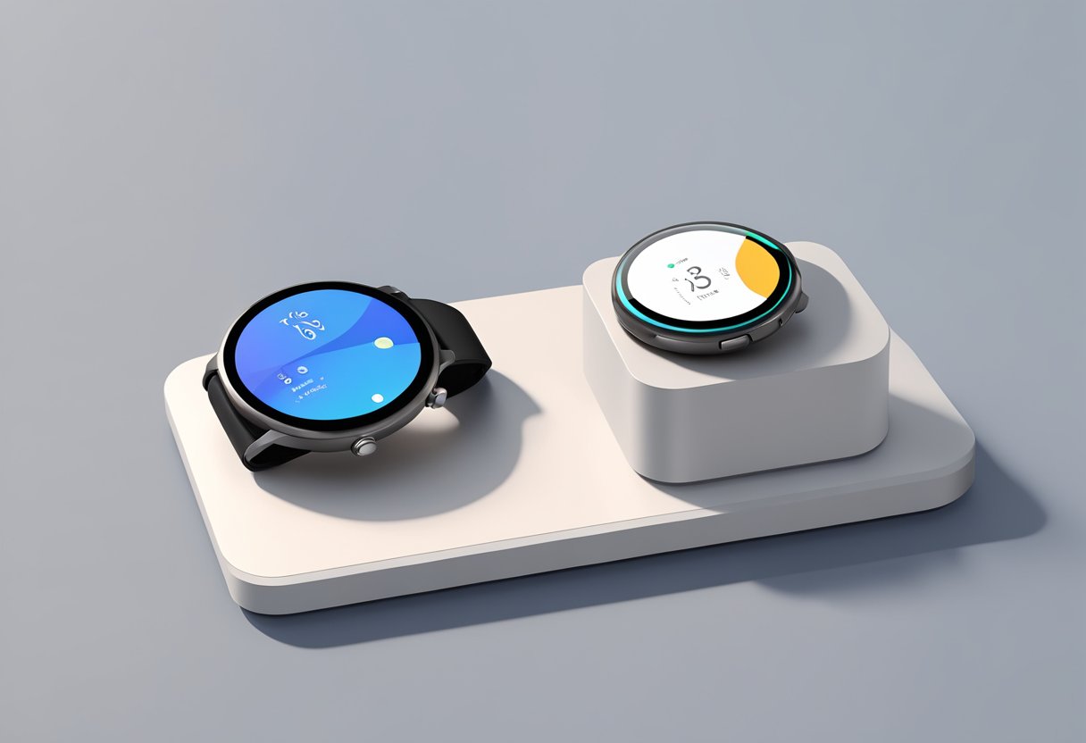 A Google Pixel Watch 3 sits on a sleek, modern charging dock, surrounded by futuristic and minimalist design elements