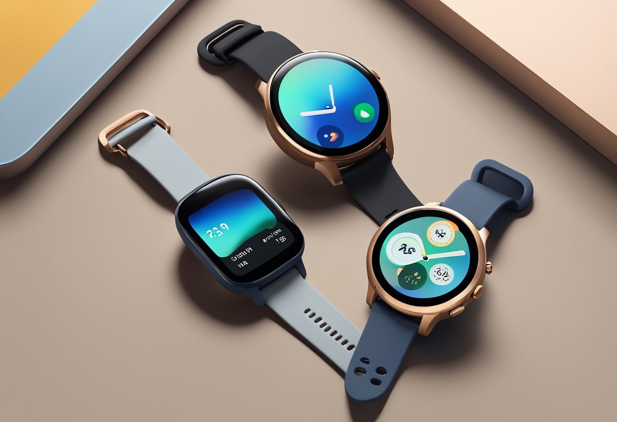 Two smartwatches side by side on a sleek, modern table. The Pixel Watch 3 features a round face with a minimalist design, while the Galaxy Watch Ultra has a larger, rectangular face with a more futuristic aesthetic