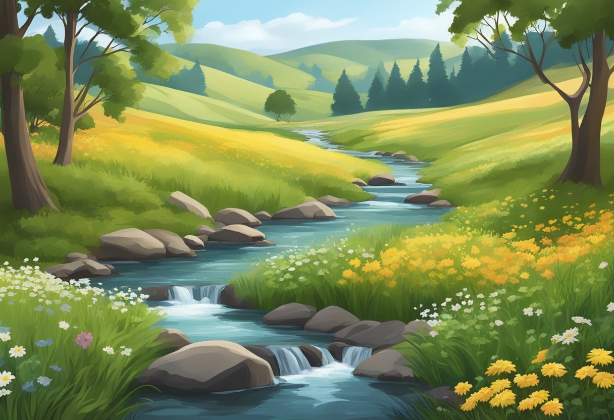 A serene countryside with rolling hills and a small, peaceful stream flowing through the landscape, surrounded by tall trees and wildflowers