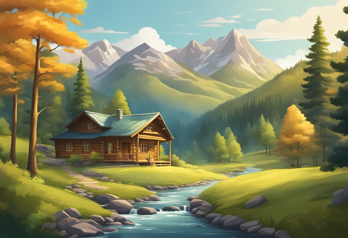 A serene, rural landscape with an isolated cabin nestled in the mountains, surrounded by thick forests and a winding river