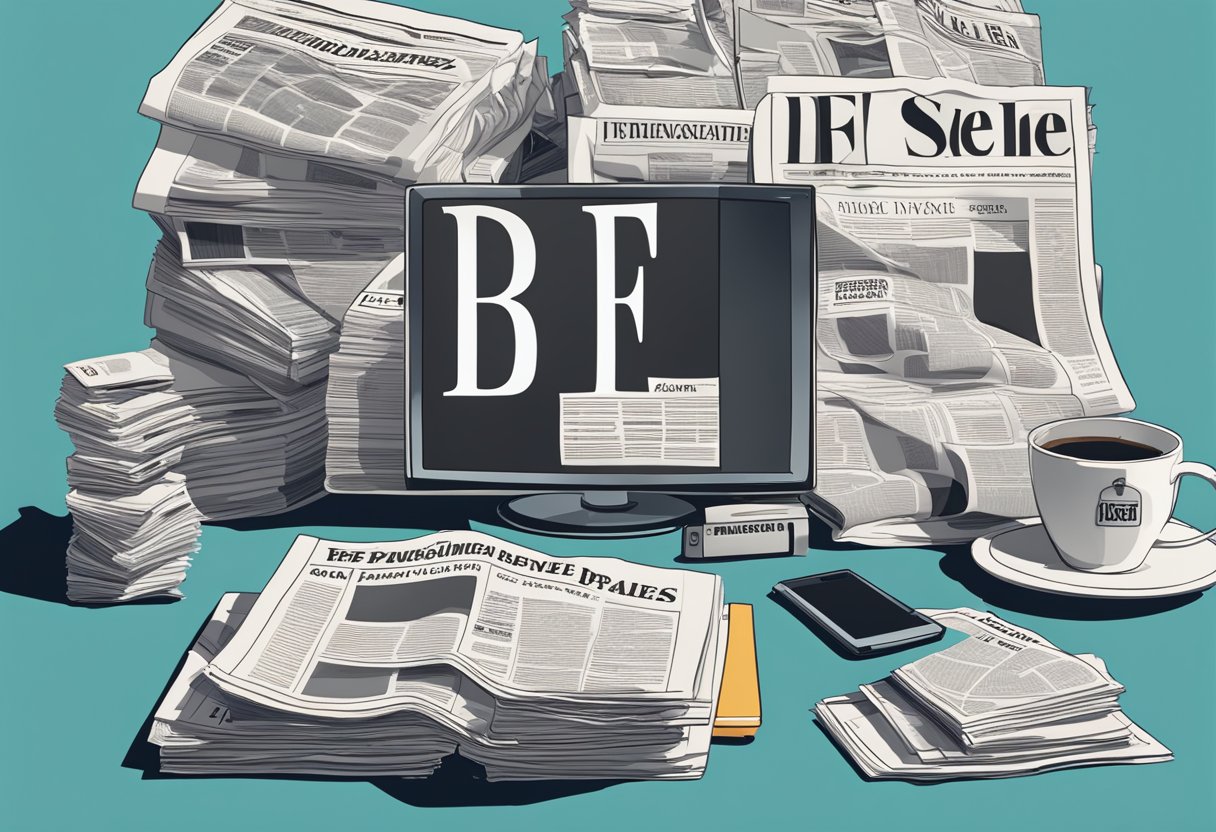 A stack of newspapers and magazines with headlines about "BFE" scattered on a coffee table, surrounded by a TV, laptop, and smartphone