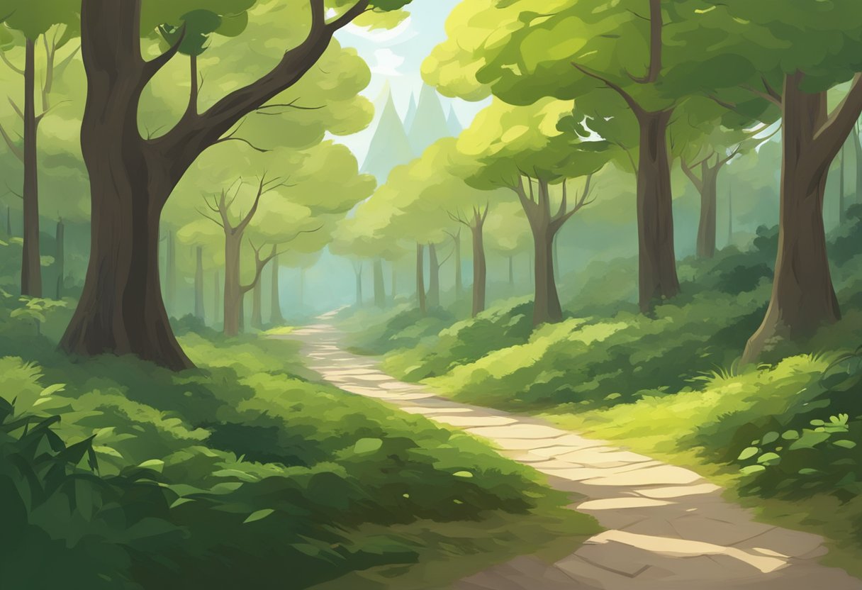 A winding path through a forest, with trees of different sizes and shapes lining the way, creating a sense of consistency in the natural landscape