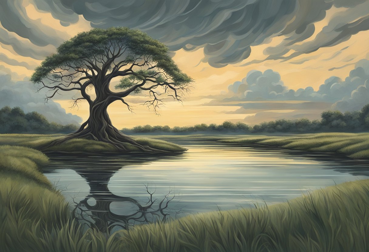 A lone tree stands tall against a stormy sky, its twisted branches reaching out in all directions. In the reflection of a nearby pond, the distorted image of the tree symbolizes the complexity of fake friendships