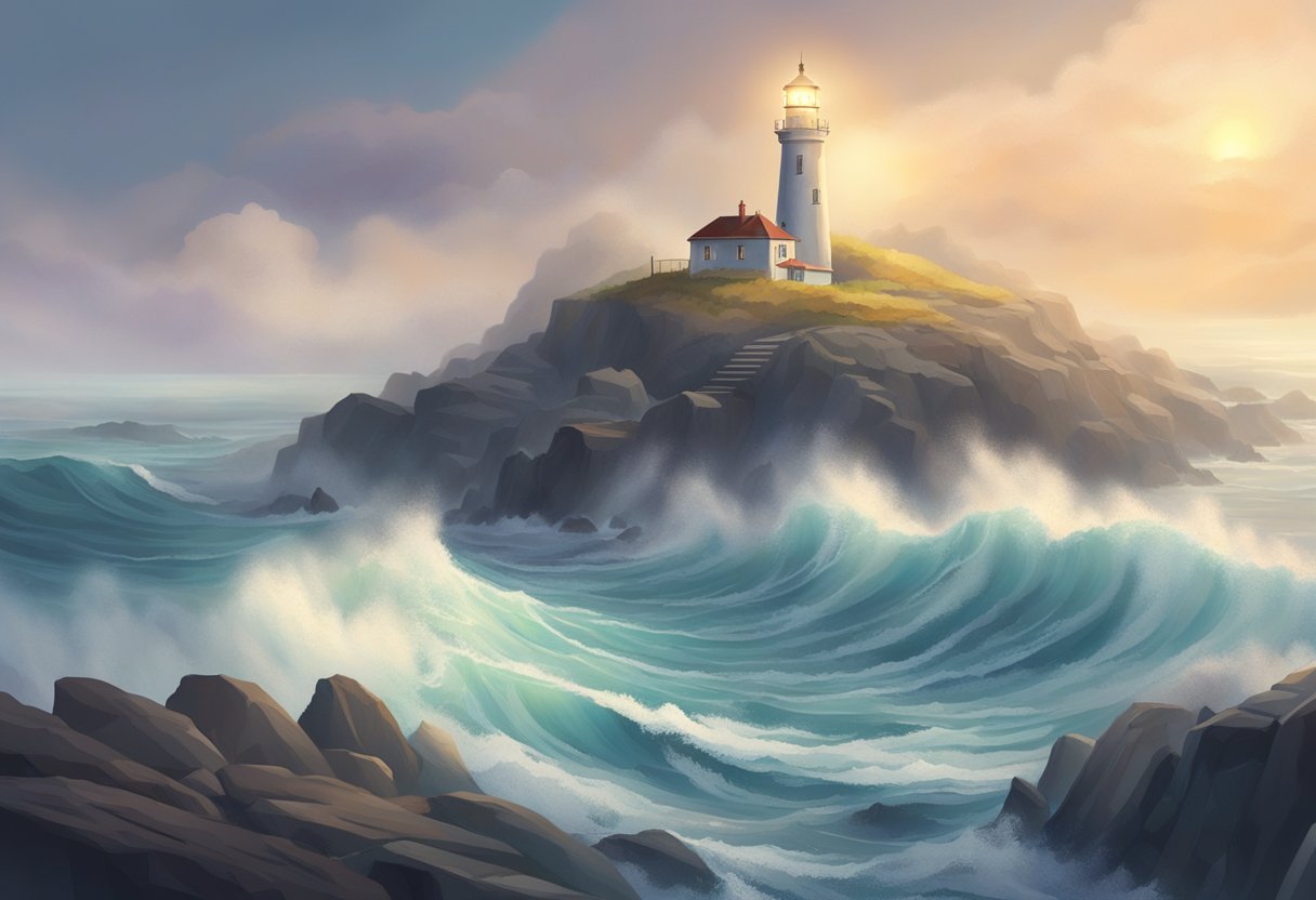 A lighthouse stands tall on a rocky coast, surrounded by swirling mists. Ethereal spirits dance around its beacon, casting a soft, otherworldly glow