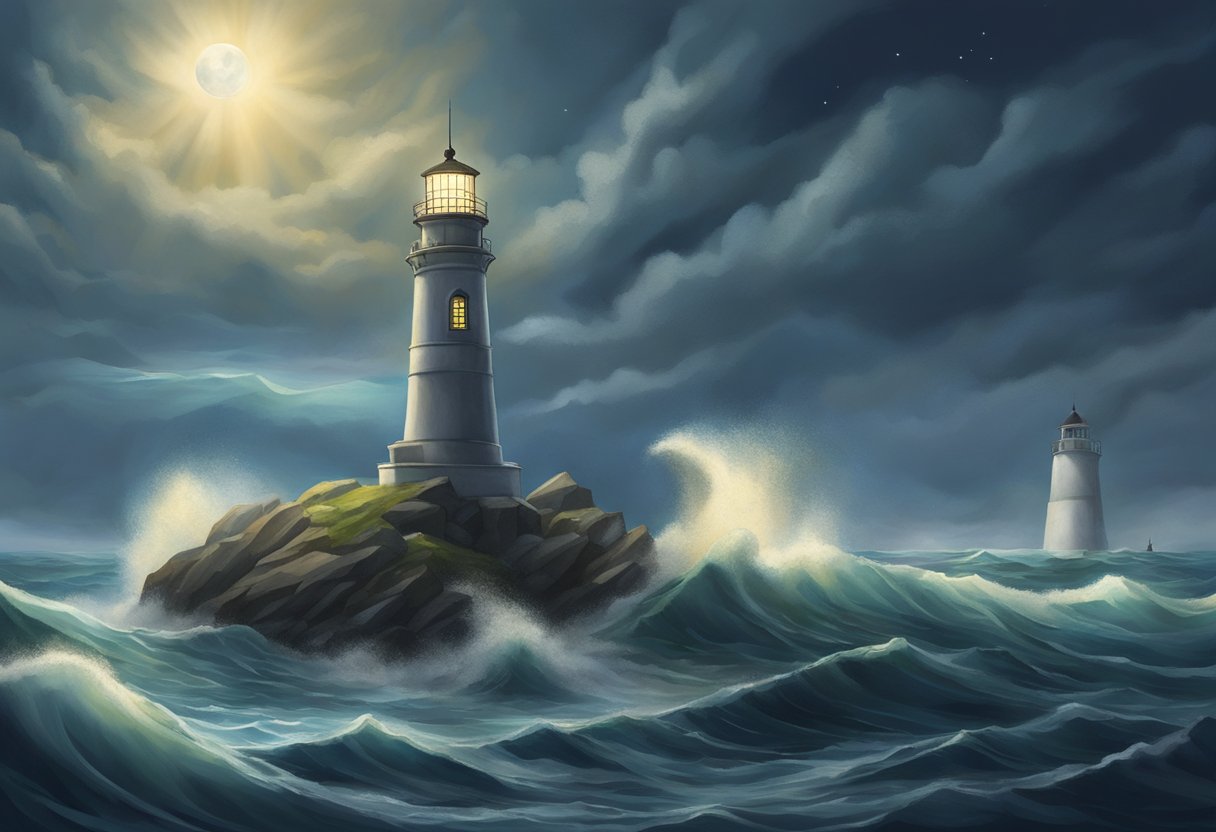 A lighthouse stands tall, its light beaming out into the dark, guiding lost ships to safety. The air is filled with a sense of mystery and wonder, as if the lighthouse itself holds a spirit within its walls