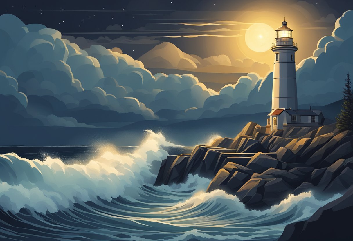 A lighthouse stands tall on a rugged coast, its bright beacon cutting through the darkness. Waves crash against the rocks below, while the night sky is illuminated by the guiding light