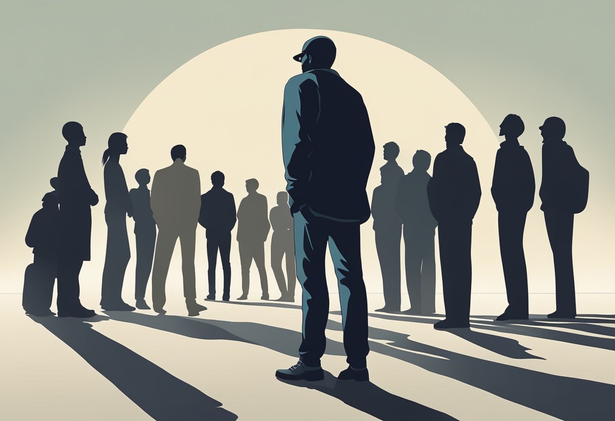 A lone figure standing apart, surrounded by a group of silhouetted individuals, their backs turned, emphasizing the sense of exclusion and isolation