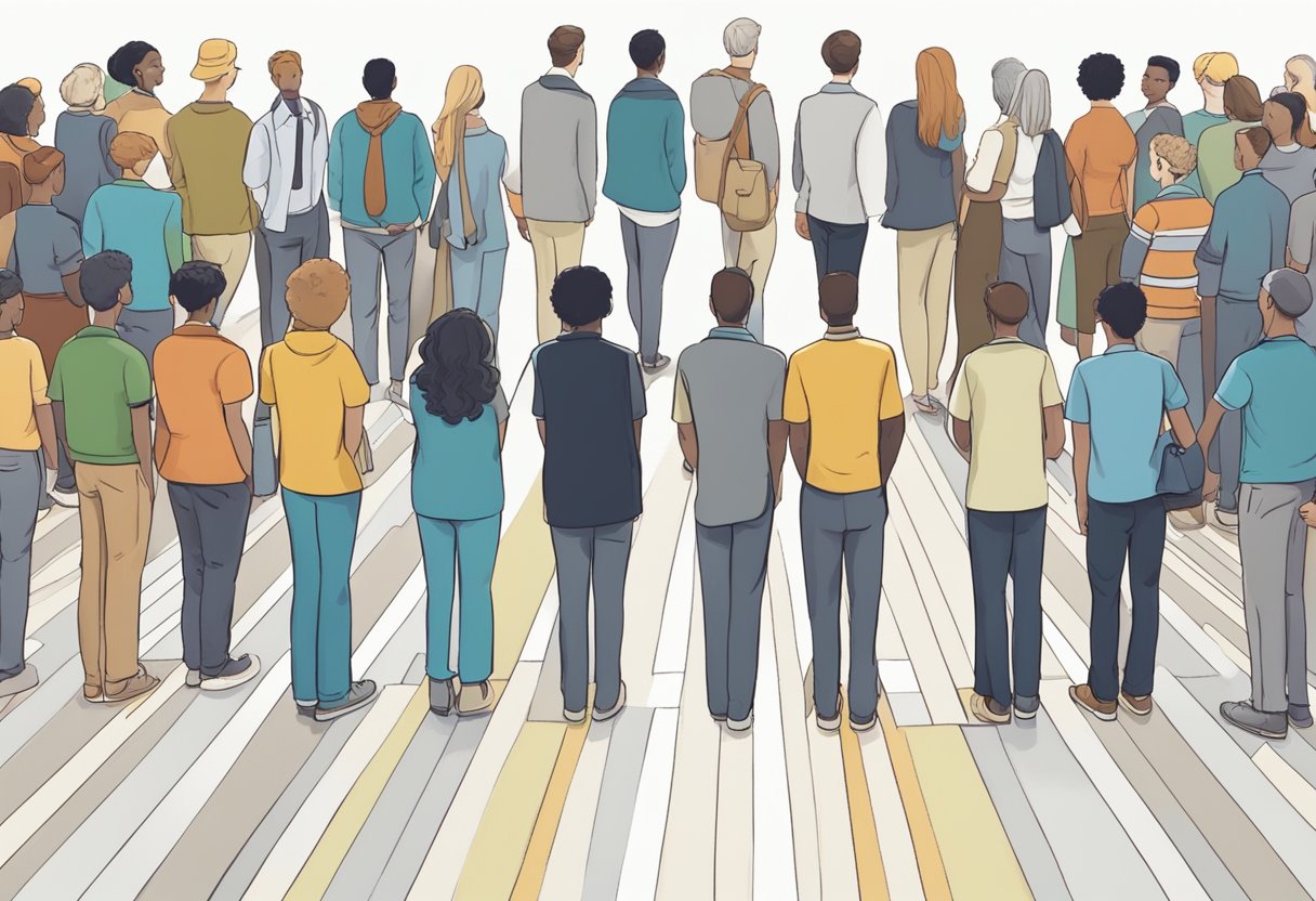 A group of people standing on opposite sides of a dividing line, with a clear separation between them, representing social segregation