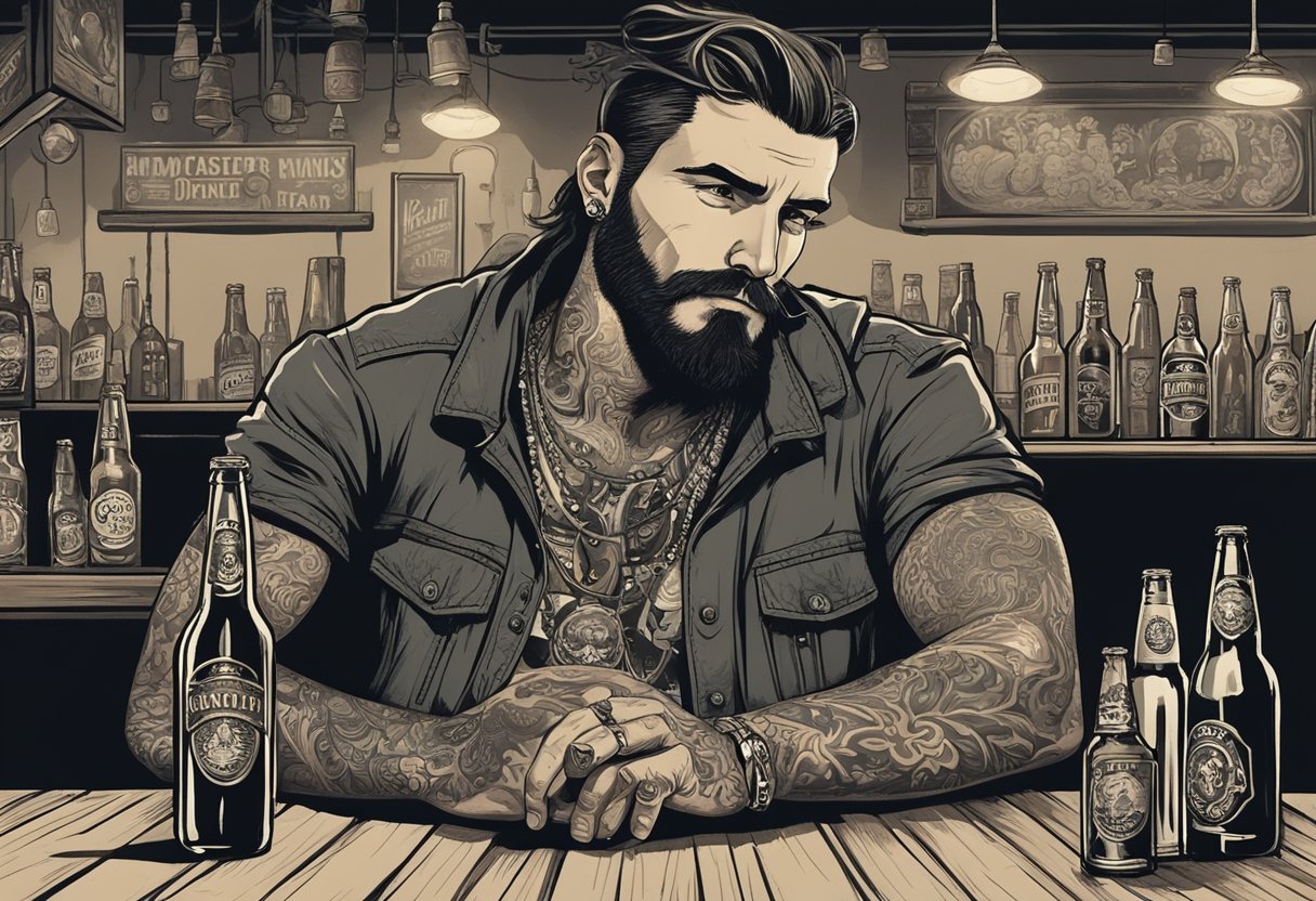 A rugged man with tattoos sits in a dimly lit bar, surrounded by empty beer bottles and cigarette smoke, a sense of mystery and rebellion emanating from him