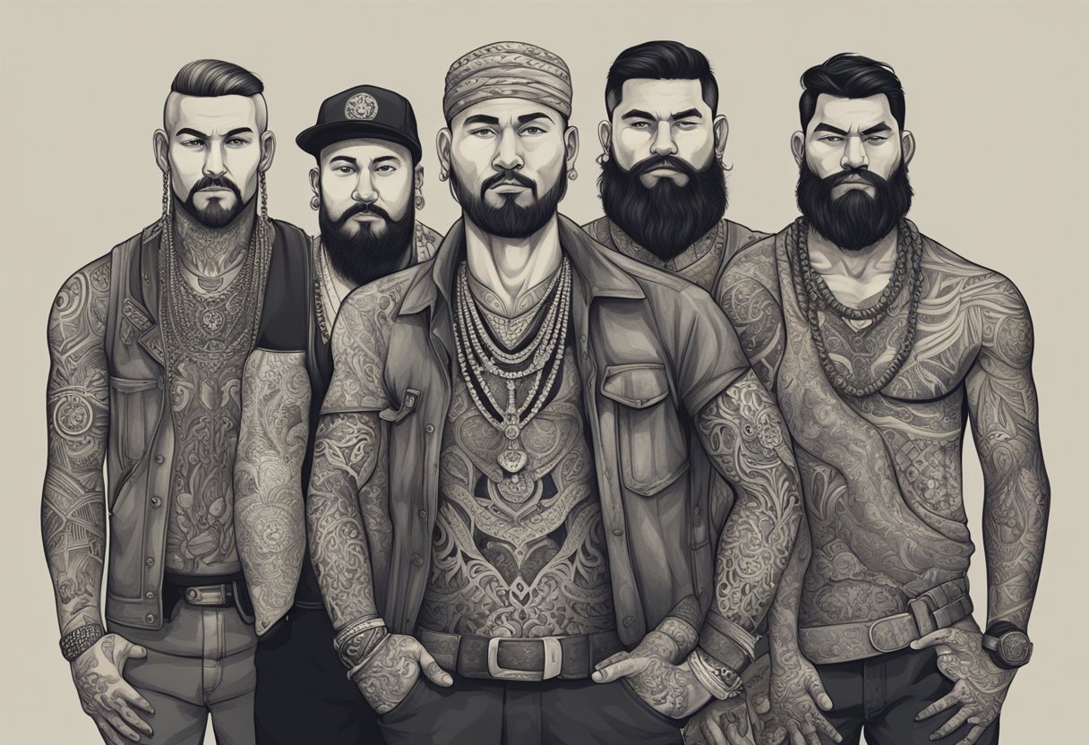 A group of tattooed men from different cultures stand together, each displaying their intricate designs with pride