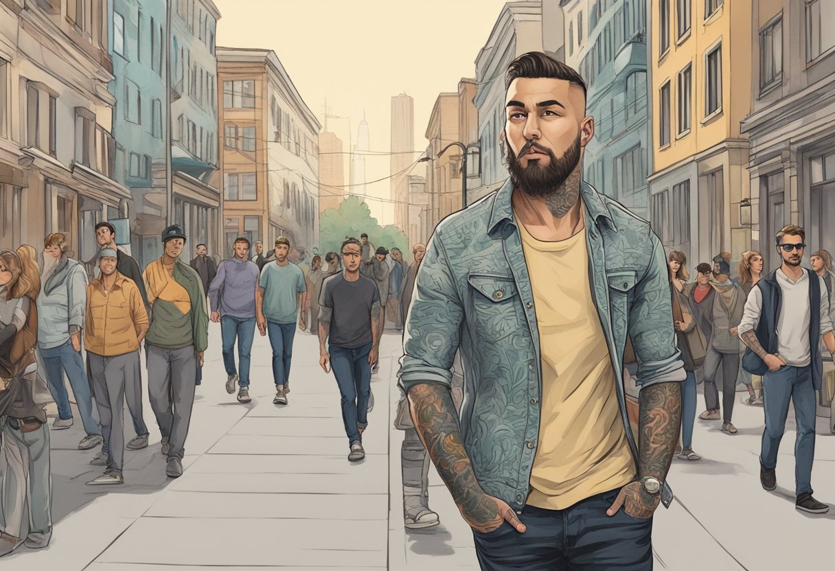 A tattooed man confidently walks through a city, while people around him cast both judgmental and admiring glances