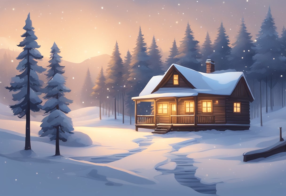 A snowy landscape with bare trees, a cozy cabin, and a warm fire. Snowflakes gently falling, creating a serene and peaceful atmosphere