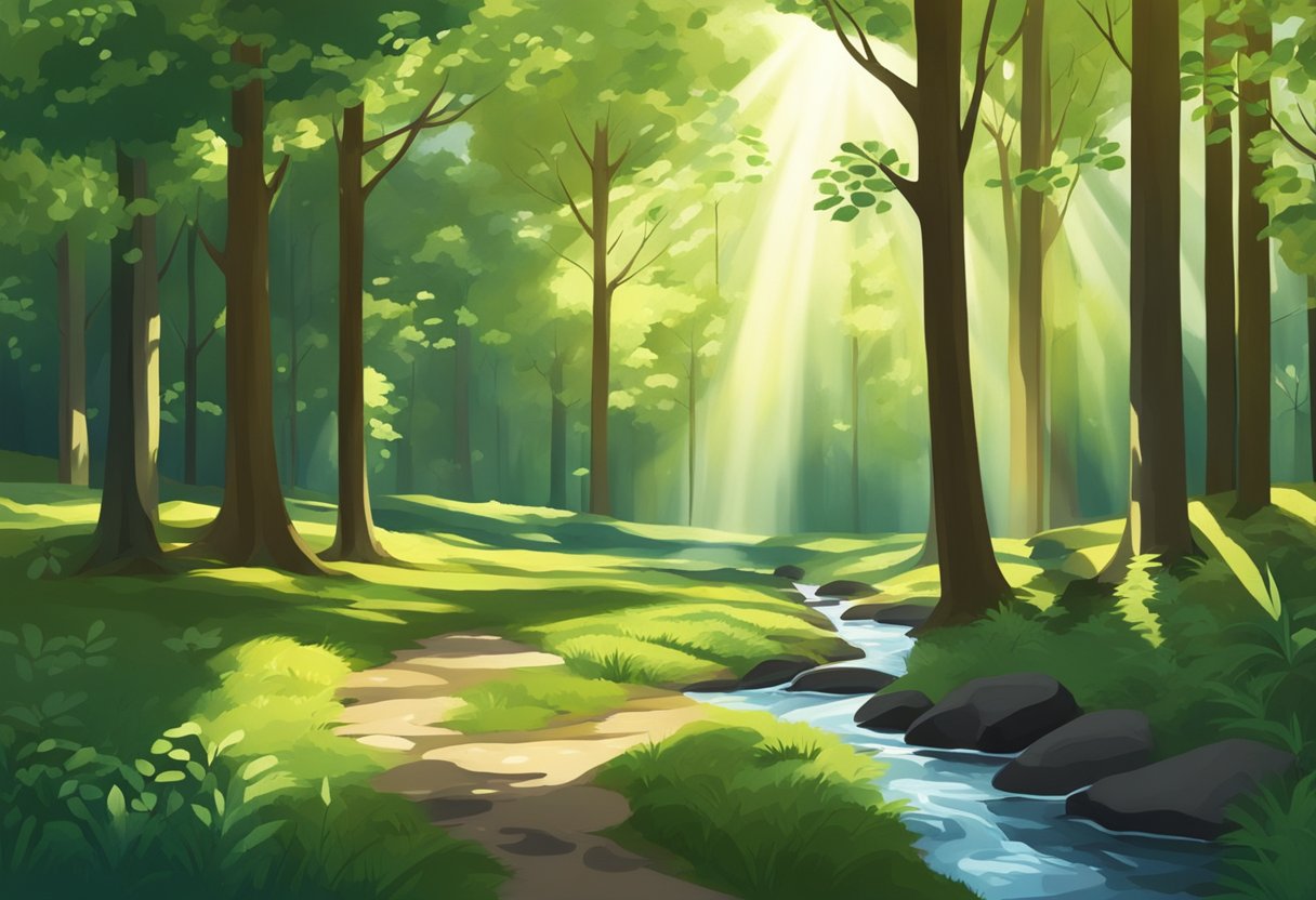 A serene forest with sunlight filtering through the trees, casting dappled shadows on the ground. A small stream winds through the scene, reflecting the surrounding greenery