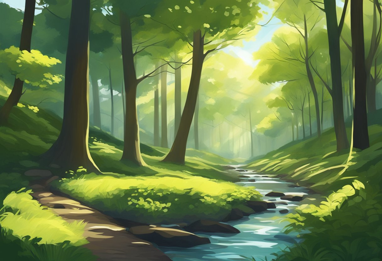 A serene forest with sunlight filtering through the trees, casting dappled shadows on the ground. A small stream winds through the scene, reflecting the surrounding greenery