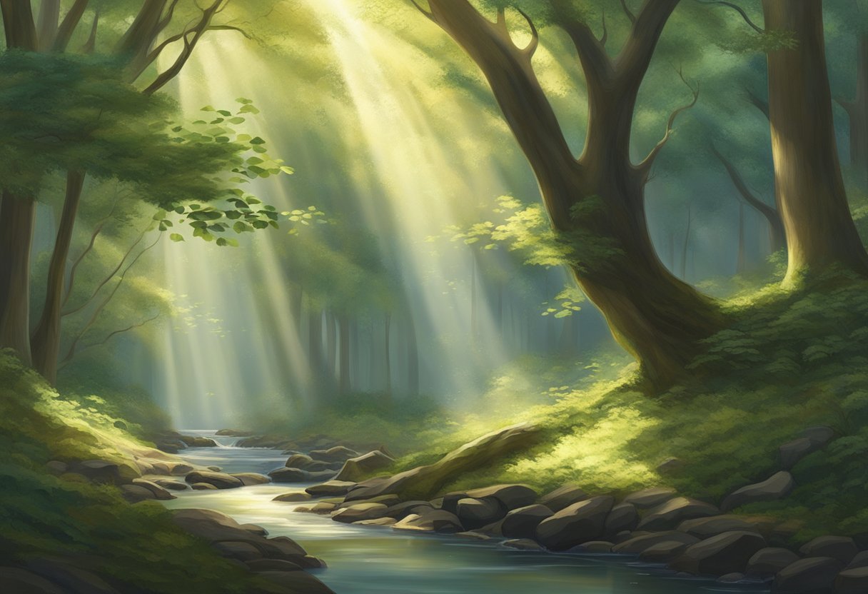 A serene forest clearing with sunlight filtering through the leaves, surrounded by tall, ancient trees. A small brook trickles through the scene, and a sense of tranquility and connection to nature permeates the air