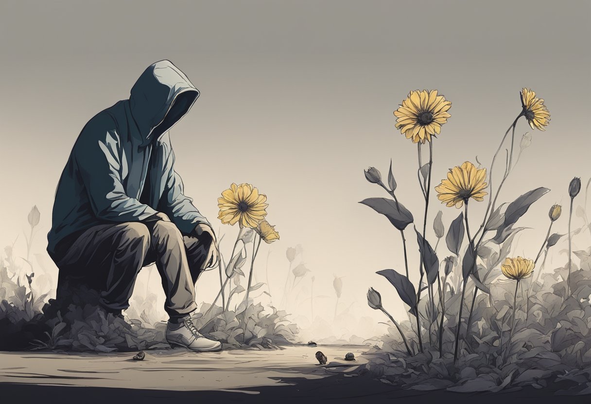 A lone figure sits by a wilted flower, surrounded by shadowy figures turning their backs